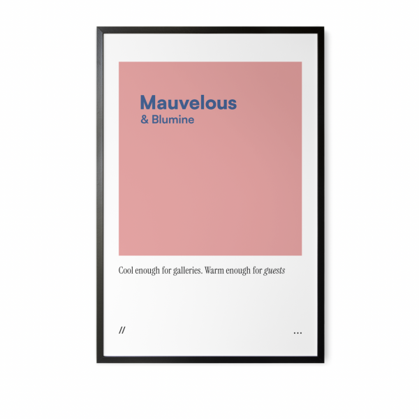 Minimal mauve and deep blue colour block art print with subtle editorial quote.