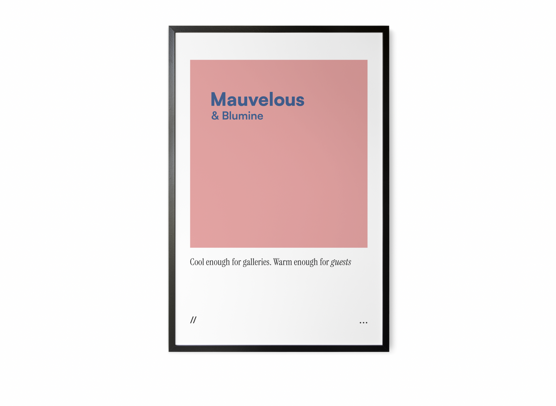 Minimal mauve and deep blue colour block art print with subtle editorial quote.